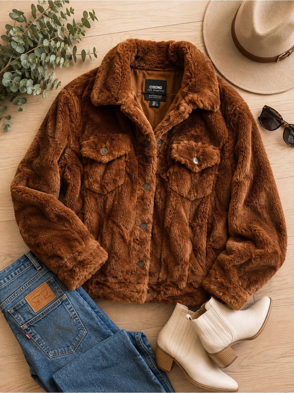 CISONO Los Angeles Faux Fur Jacket Women’s Large Cognac Brown